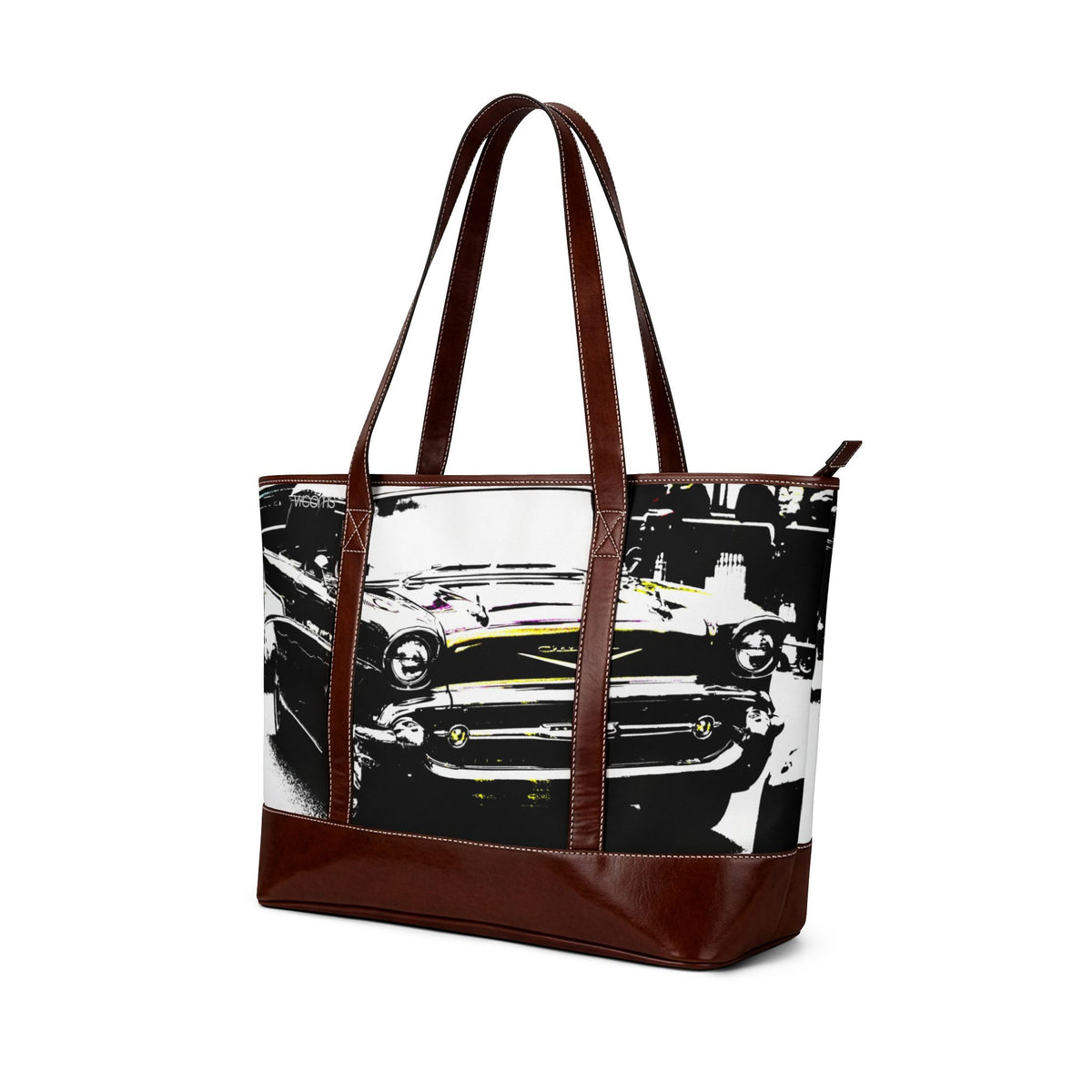 Vintage Classic Car Handbag – Retro Black & White Automotive Tote