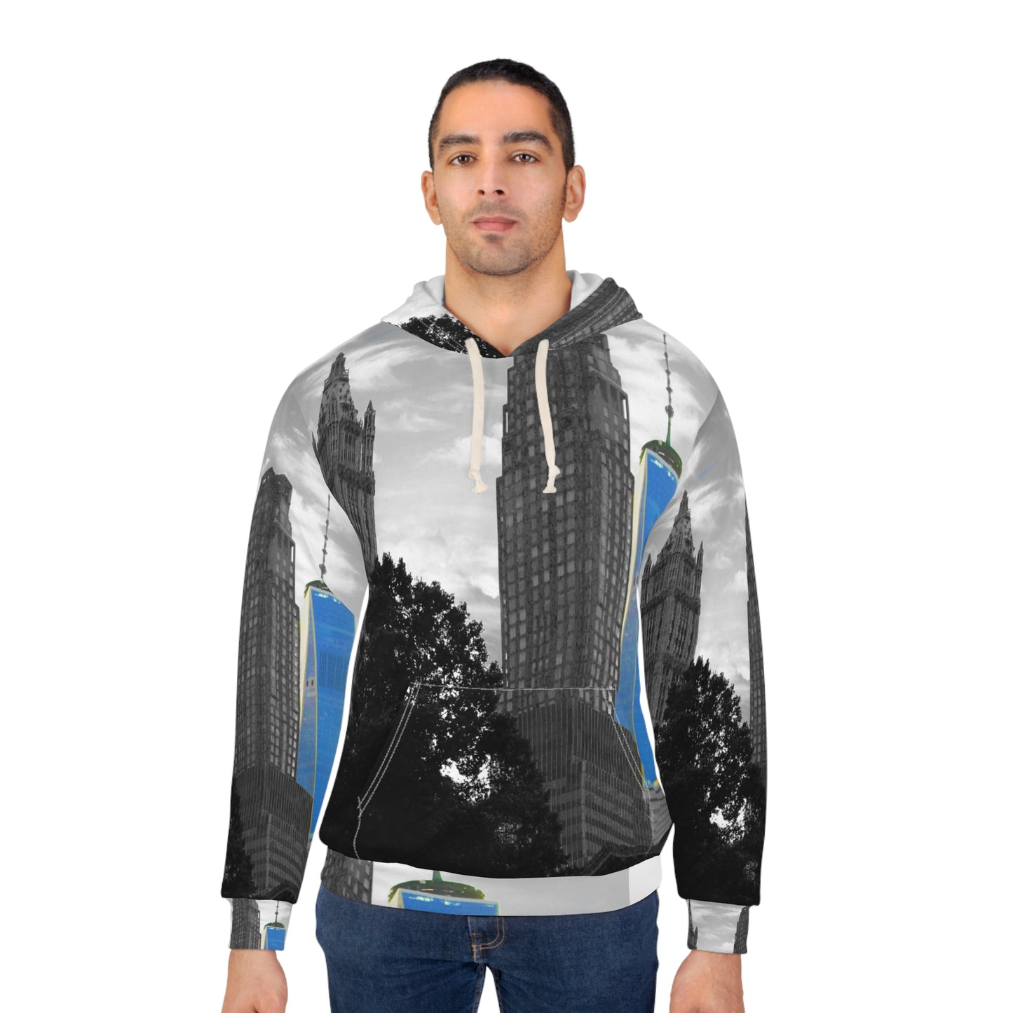 Unisex Pullover Hoodie decorated with a beautiful New York urban landscape image.