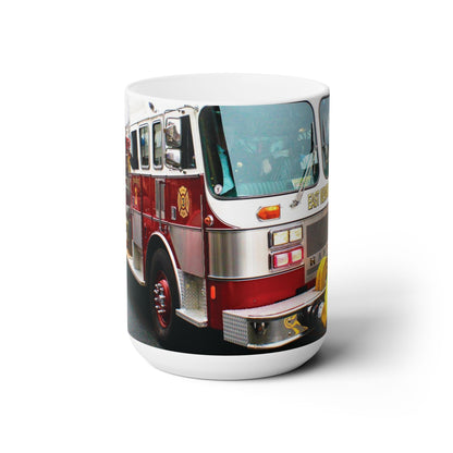 Elegant 15oz Ceramic Coffee Mug with a beautiful image of a fire truck.