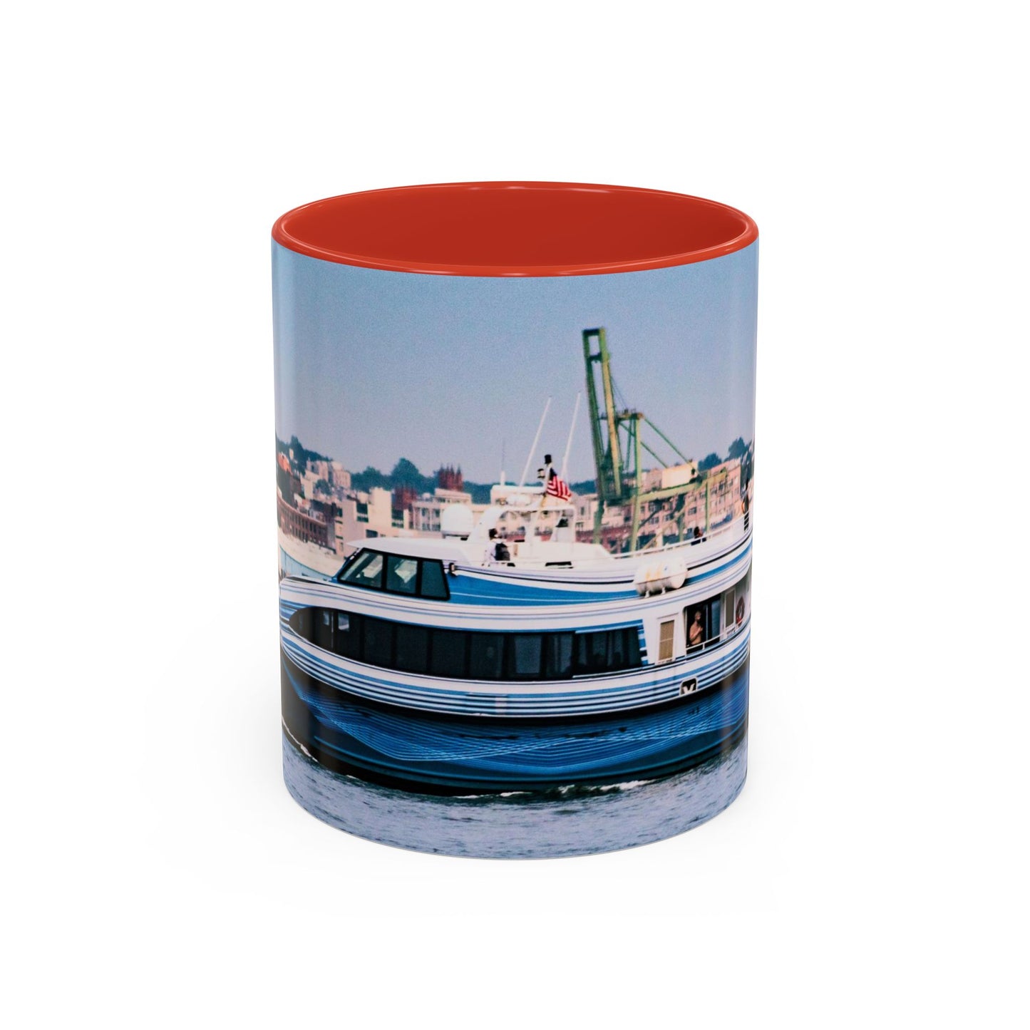 Two Tone 11oz Ceramic, Coffe Mug, Printed with a High-Res Elegant Image of a Boat at the Hudson River, New York.