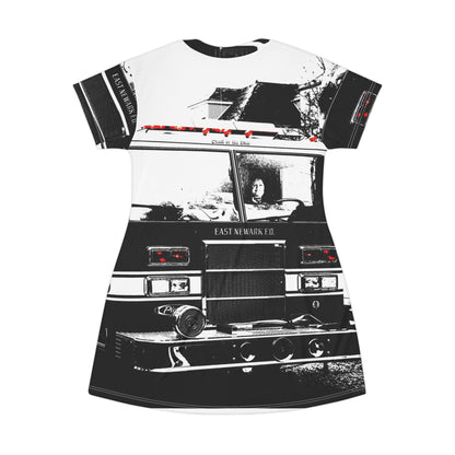 Firetruck Photo T‑Shirt Dress — Vintage Emergency Vehicle Graphic
