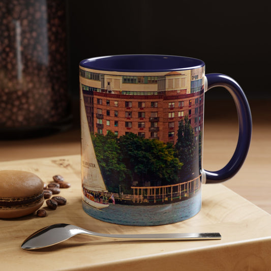 Two Tone Ceramic, 11oz Coffe Mug, Printed with a High-Res Elegant Image of a Saul Boat at the Hudson River, New York.