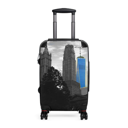 New York Skyline Carry-On Suitcase — Black & White Cityscape with Blue One World Trade Center Accent