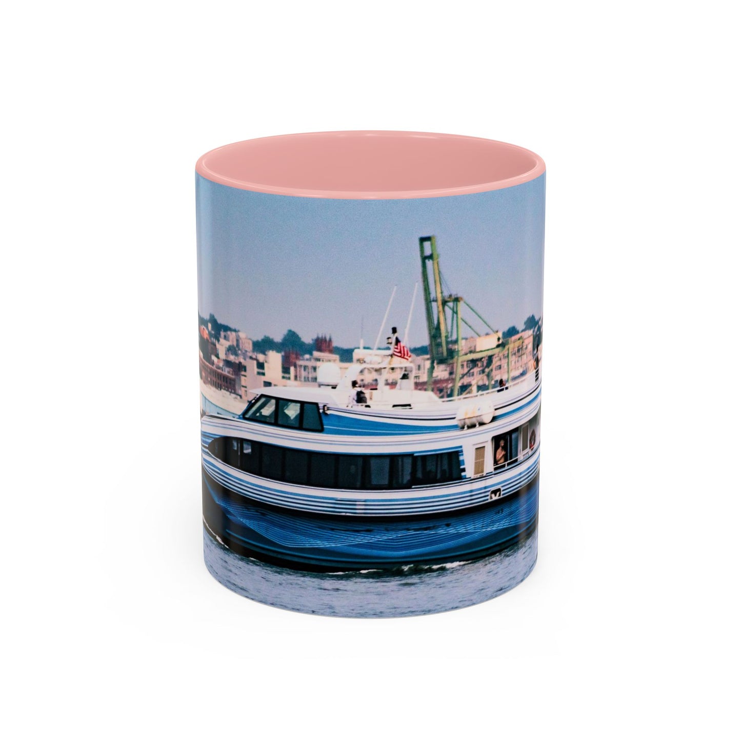 Two Tone 11oz Ceramic, Coffe Mug, Printed with a High-Res Elegant Image of a Boat at the Hudson River, New York.