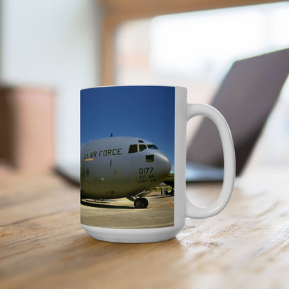 Elegant 15oz Ceramic Coffee Mug with a beautiful image of a C-5 Galaxy cargo airplane.