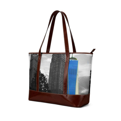City Skyline Tote Handbag — Blue Tower Urban Scene