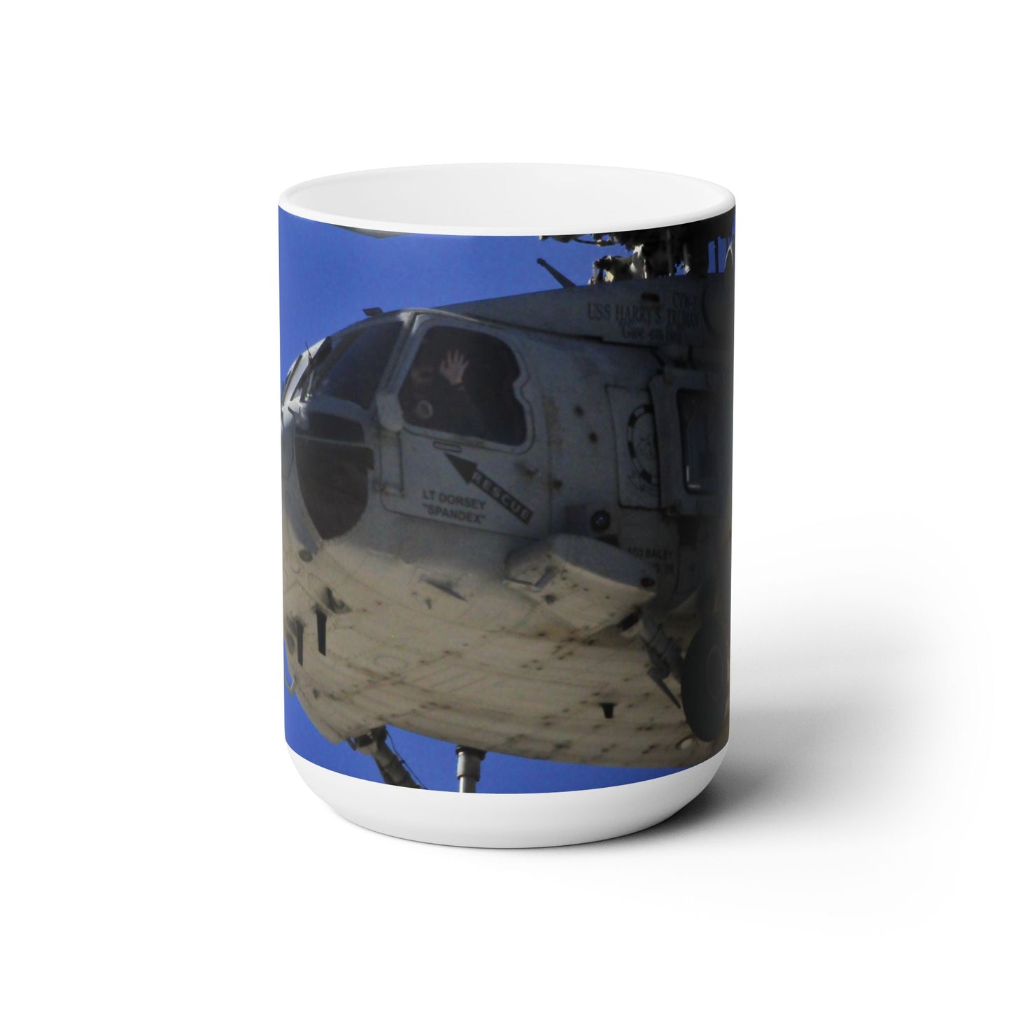 Elegant 15oz Ceramic Coffee Mug printed with a beautiful image of a UH-60 Black Hawk helicopter.
