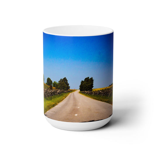 Elegant 15oz Ceramic Coffee Mug with a beautiful country landscape.