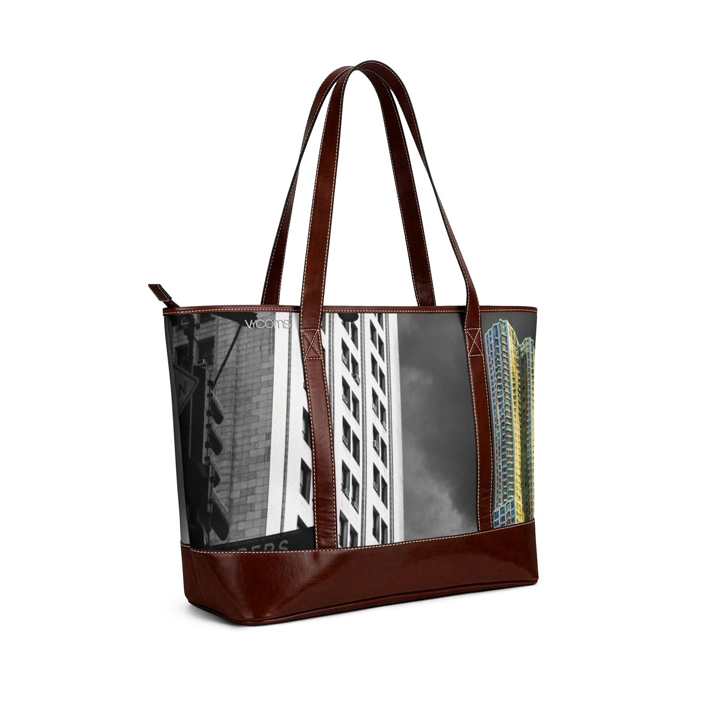NY Middle Town Cityscape Tote Handbag — Vintage Black & White Urban Photo
