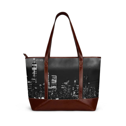 Cityscape Leather-Trim Tote Handbag — Black & White Skyline Travel Tote