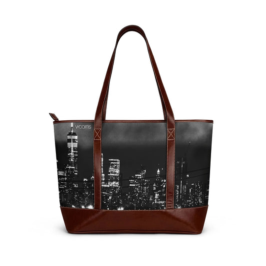 Cityscape Leather-Trim Tote Handbag — Black & White Skyline Travel Tote
