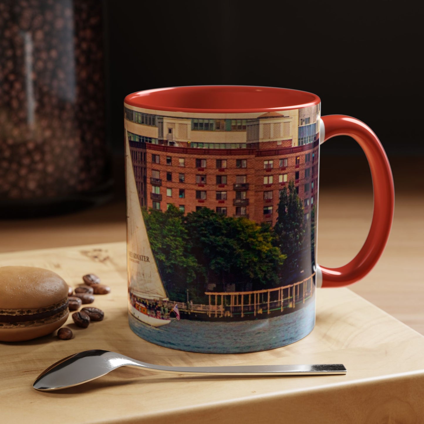 Two Tone Ceramic, 11oz Coffe Mug, Printed with a High-Res Elegant Image of a Saul Boat at the Hudson River, New York.