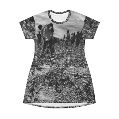 Vintage Black & White Field Scene Dress — Farmers Plowing