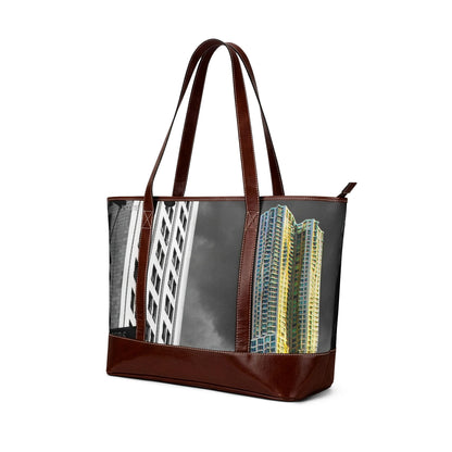 NY Middle Town Cityscape Tote Handbag — Vintage Black & White Urban Photo