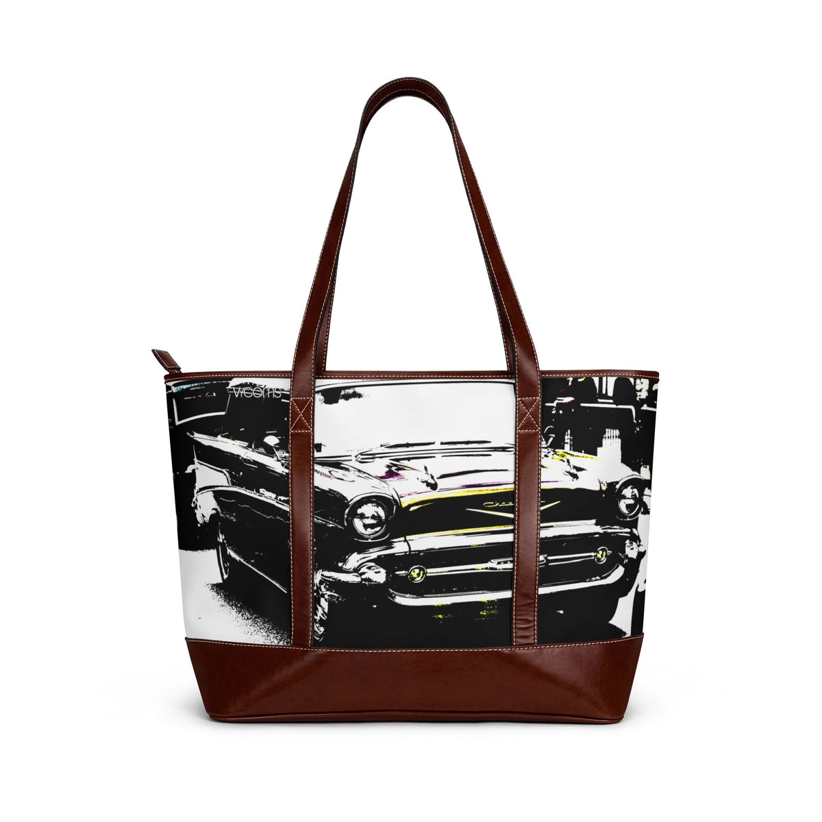 Vintage Classic Car Handbag – Retro Black & White Automotive Tote