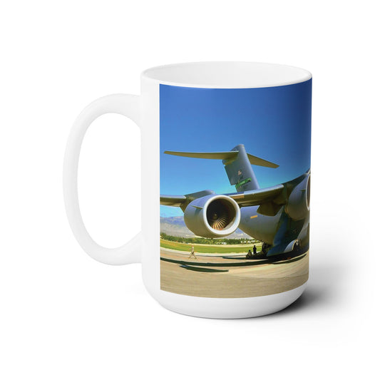 Elegant 15oz Ceramic Coffee Mug with a beautiful image of a C-5 Galaxy cargo airplane.