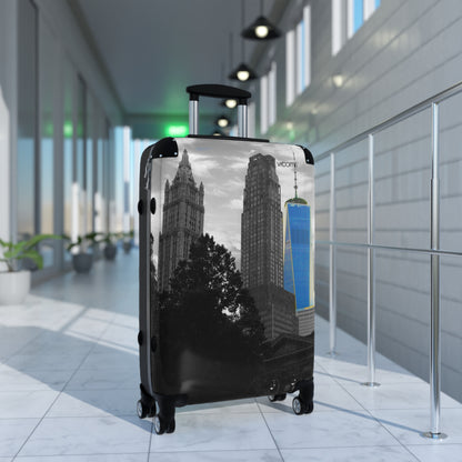 New York Skyline Carry-On Suitcase — Black & White Cityscape with Blue One World Trade Center Accent