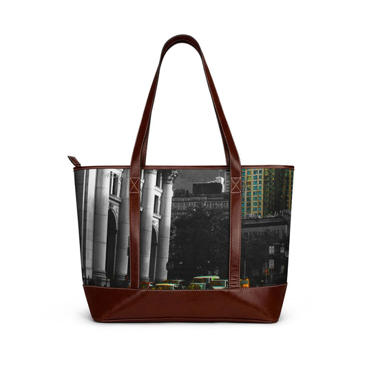 Cityscape Tote Handbag — Vintage Black & White Urban Photo with Color Accent