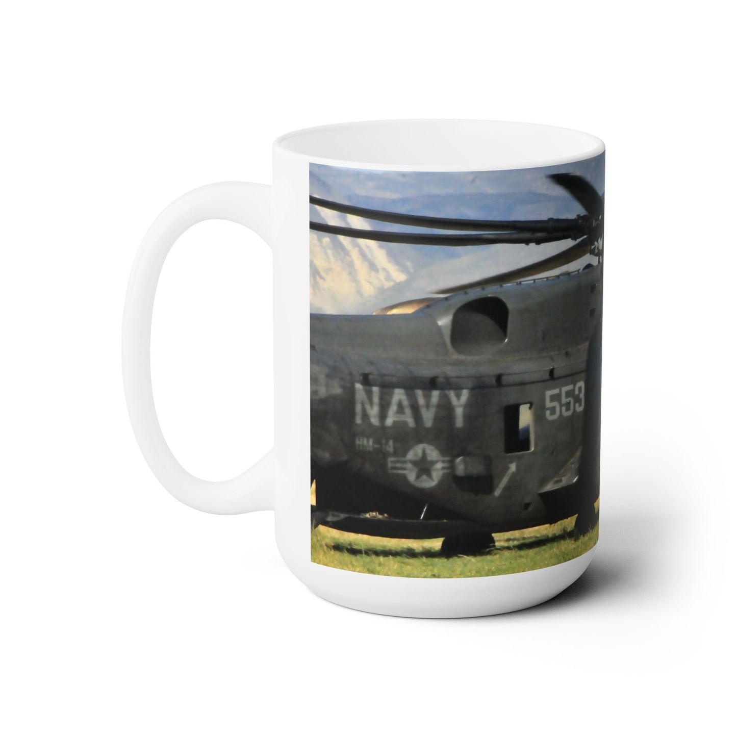 Beautifull 15oz Ceramic Coffe Mug with an original, High-Res, Full Color Image of a Military Helicopter.