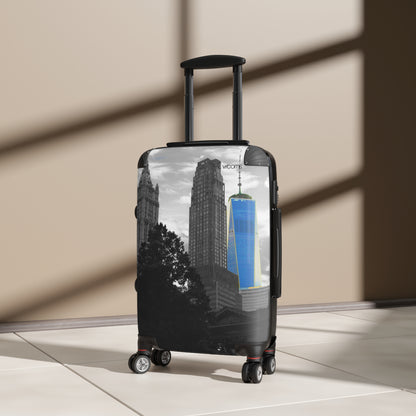 New York Skyline Carry-On Suitcase — Black & White Cityscape with Blue One World Trade Center Accent