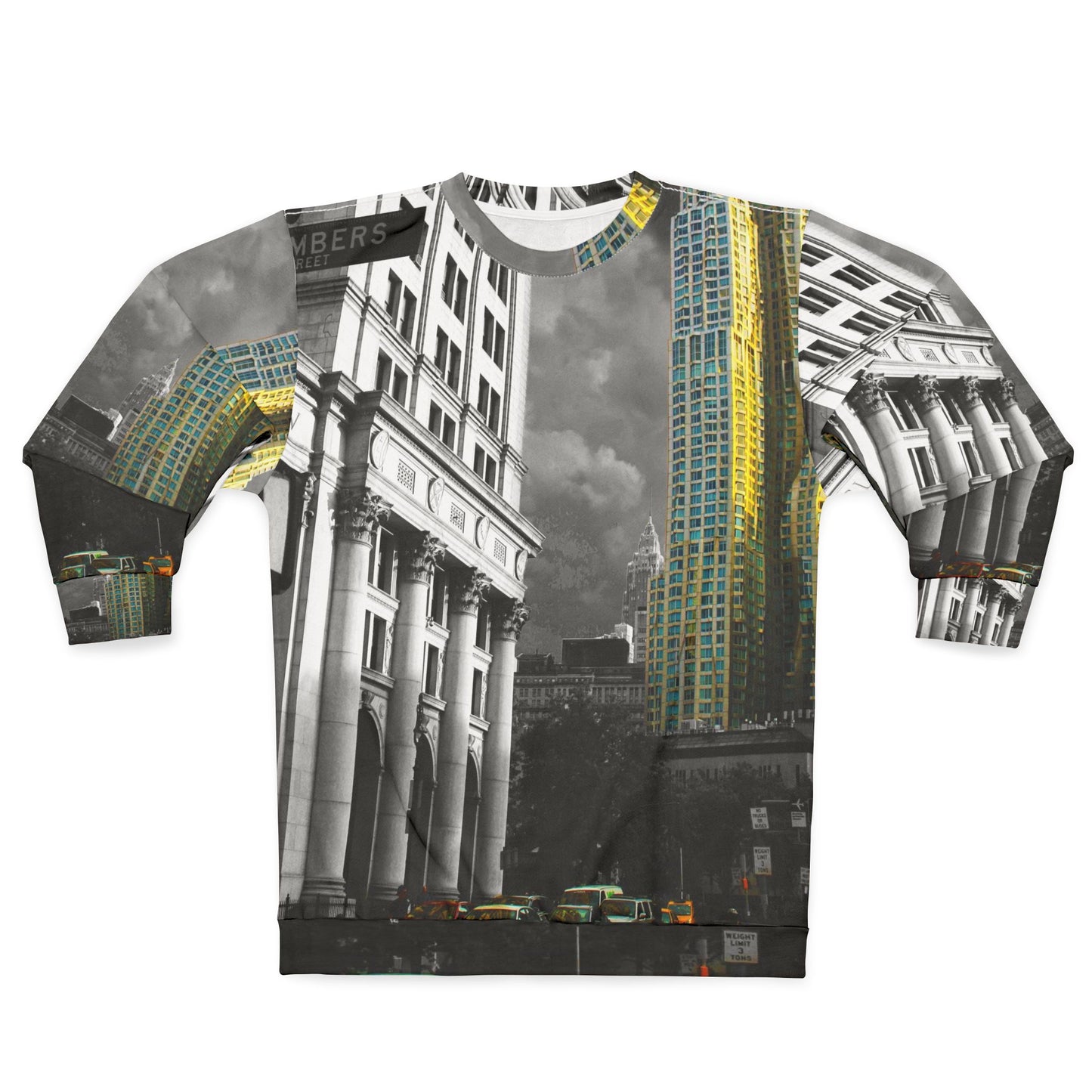 Cityscape Crewneck Sweatshirt — Vintage Black & White Skyline with Gold Accent