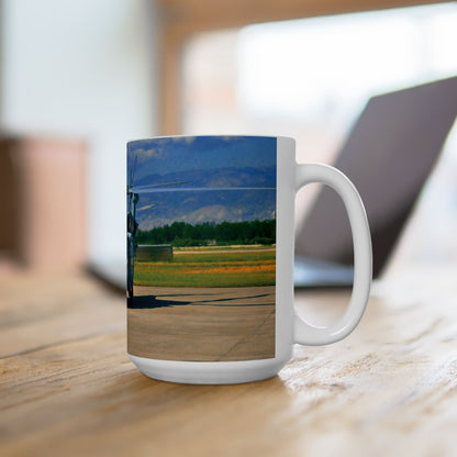 Elegant 15oz Ceramic Coffee Mug printed with a beautiful AH-60 Black Hawk helicopter image.