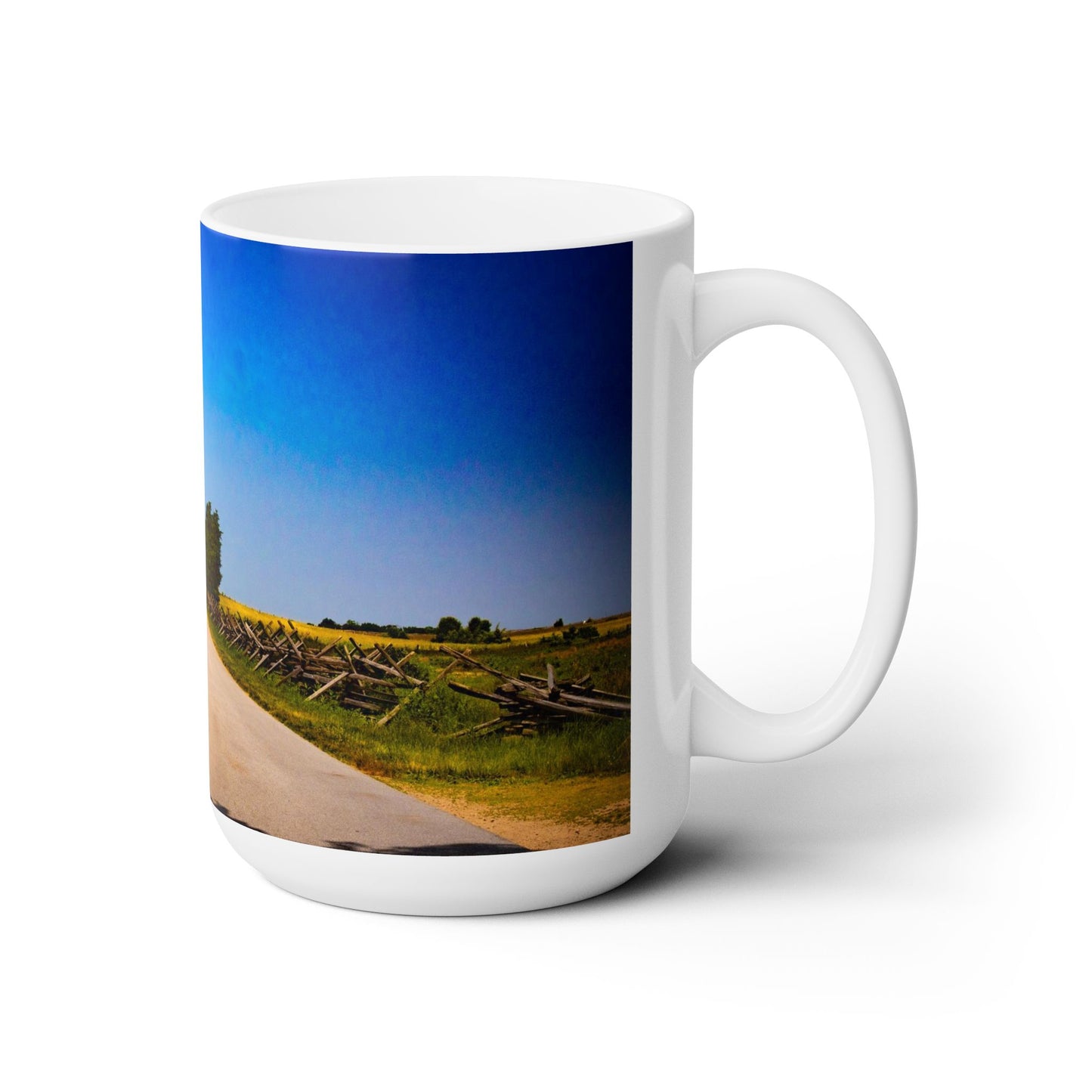Elegant 15oz Ceramic Coffee Mug with a beautiful country landscape.