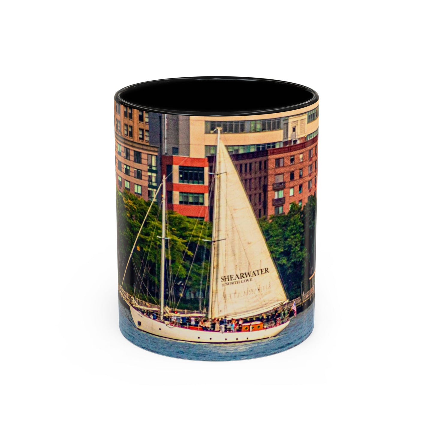 Two Tone Ceramic, 11oz Coffe Mug, Printed with a High-Res Elegant Image of a Saul Boat at the Hudson River, New York.