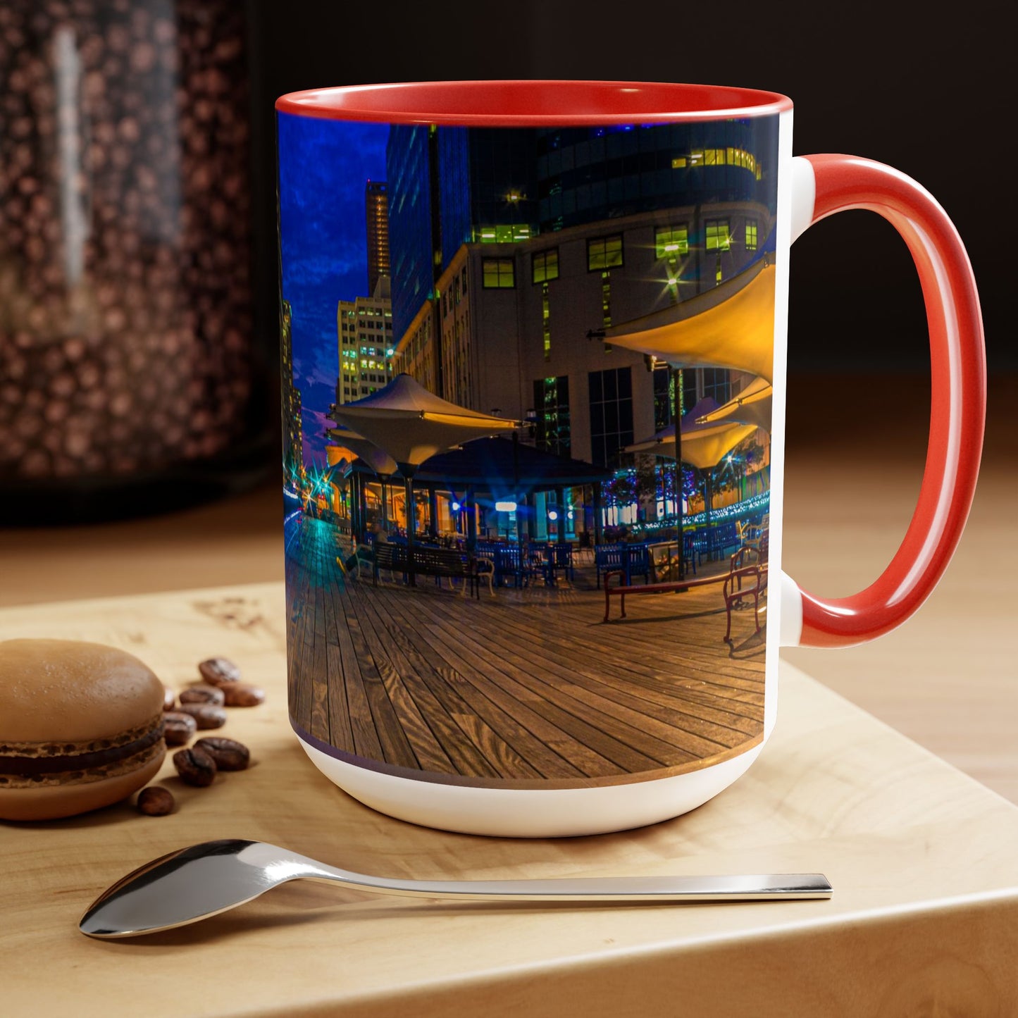 Two Tone, 15oz Ceramic Coffee Mug, Printed with a High-Res Beautiful Urban Landscape from Exchange Place, New Jersey.