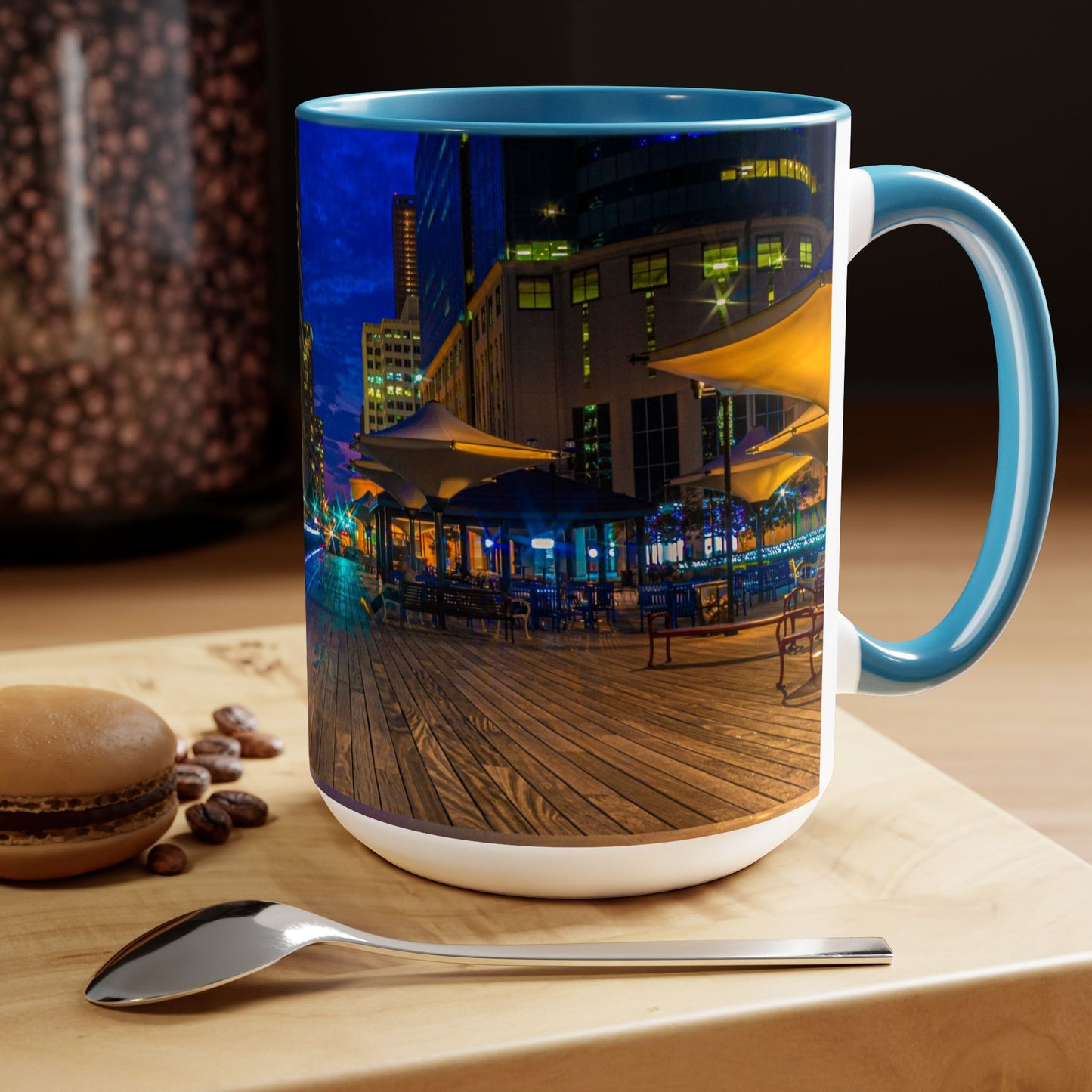 Two Tone, 15oz Ceramic Coffee Mug, Printed with a High-Res Beautiful Urban Landscape from Exchange Place, New Jersey.