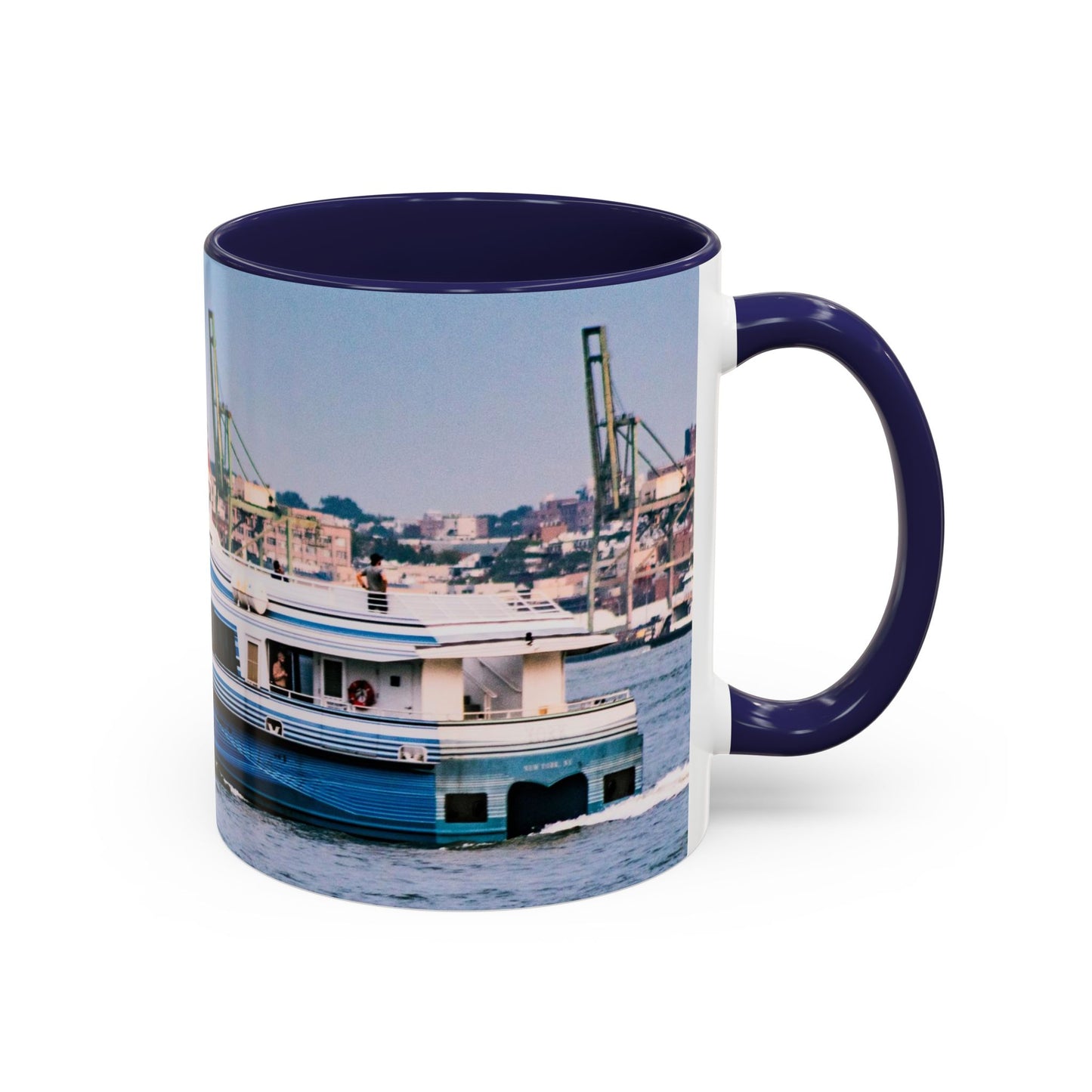 Two Tone 11oz Ceramic, Coffe Mug, Printed with a High-Res Elegant Image of a Boat at the Hudson River, New York.