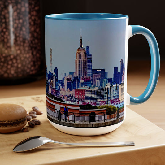 Two Tone Ceramic, 15oz Coffe Mug, Printed with a High-Res Elegant New York Sky Line Image