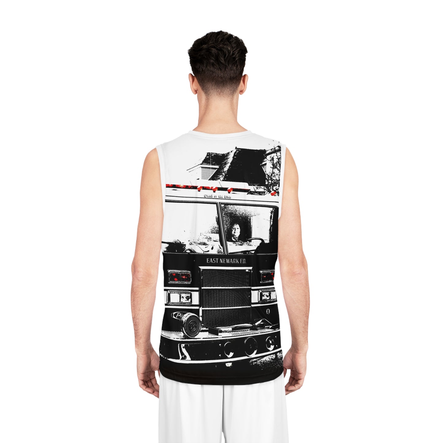 Vintage Fire Truck Basketball Jersey — Black & White