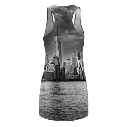 City Skyline Racerback Dress — Black & White New York Waterfront Print
