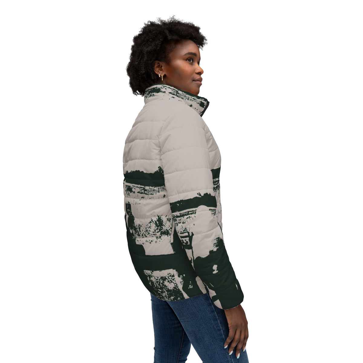 Women’s Puffer Jacket – Vintage Black-and-White Winter Landscape Design
