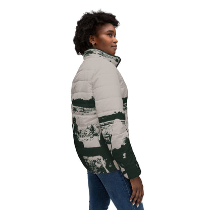 Women’s Puffer Jacket – Vintage Black-and-White Winter Landscape Design