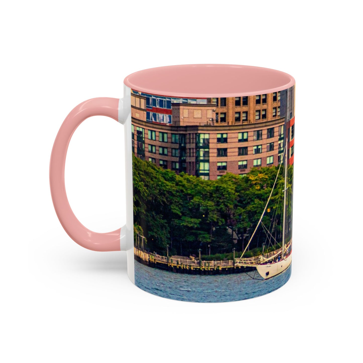 Two Tone Ceramic, 11oz Coffe Mug, Printed with a High-Res Elegant Image of a Saul Boat at the Hudson River, New York.