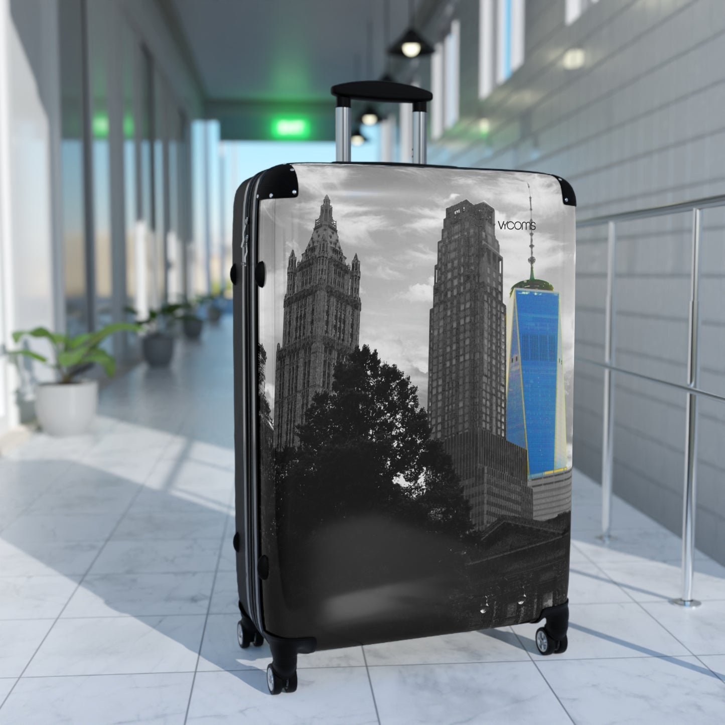 New York Skyline Carry-On Suitcase — Black & White Cityscape with Blue One World Trade Center Accent