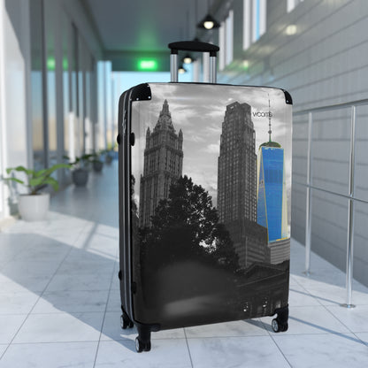 New York Skyline Carry-On Suitcase — Black & White Cityscape with Blue One World Trade Center Accent