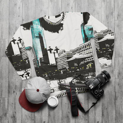 Glass Skyscraper Cityscape Sweatshirt — Urban Skyline Graphic Crewneck