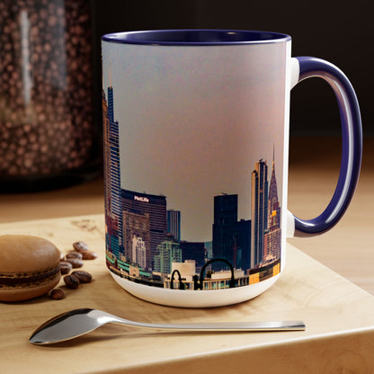 Two Tone 15oz Ceramic,  Coffee Mug, Printed with a High-Res Elegant Image of  New  York City View.