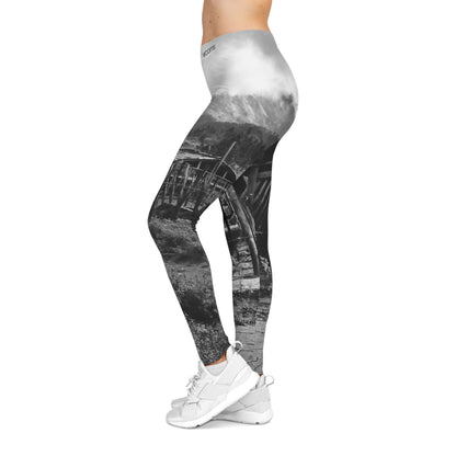 Rustic Village Photo Leggings — Black & White Scenic