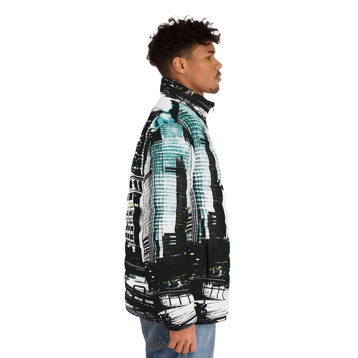 Cityscape Men’s Puffer Jacket — Black & Teal Urban