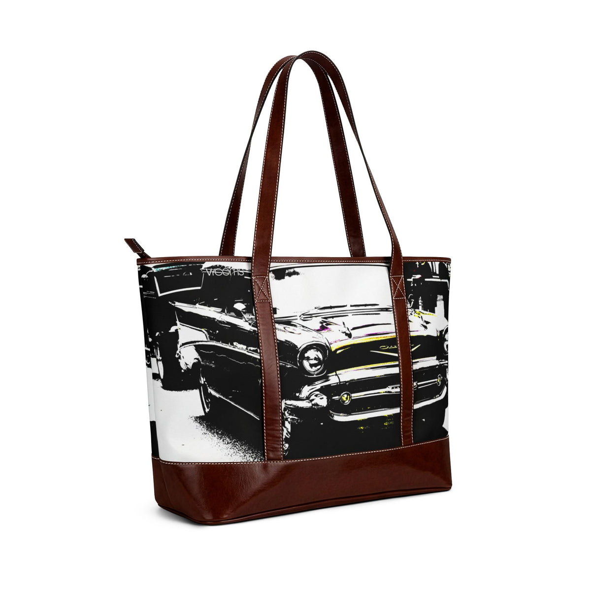 Vintage Classic Car Handbag – Retro Black & White Automotive Tote