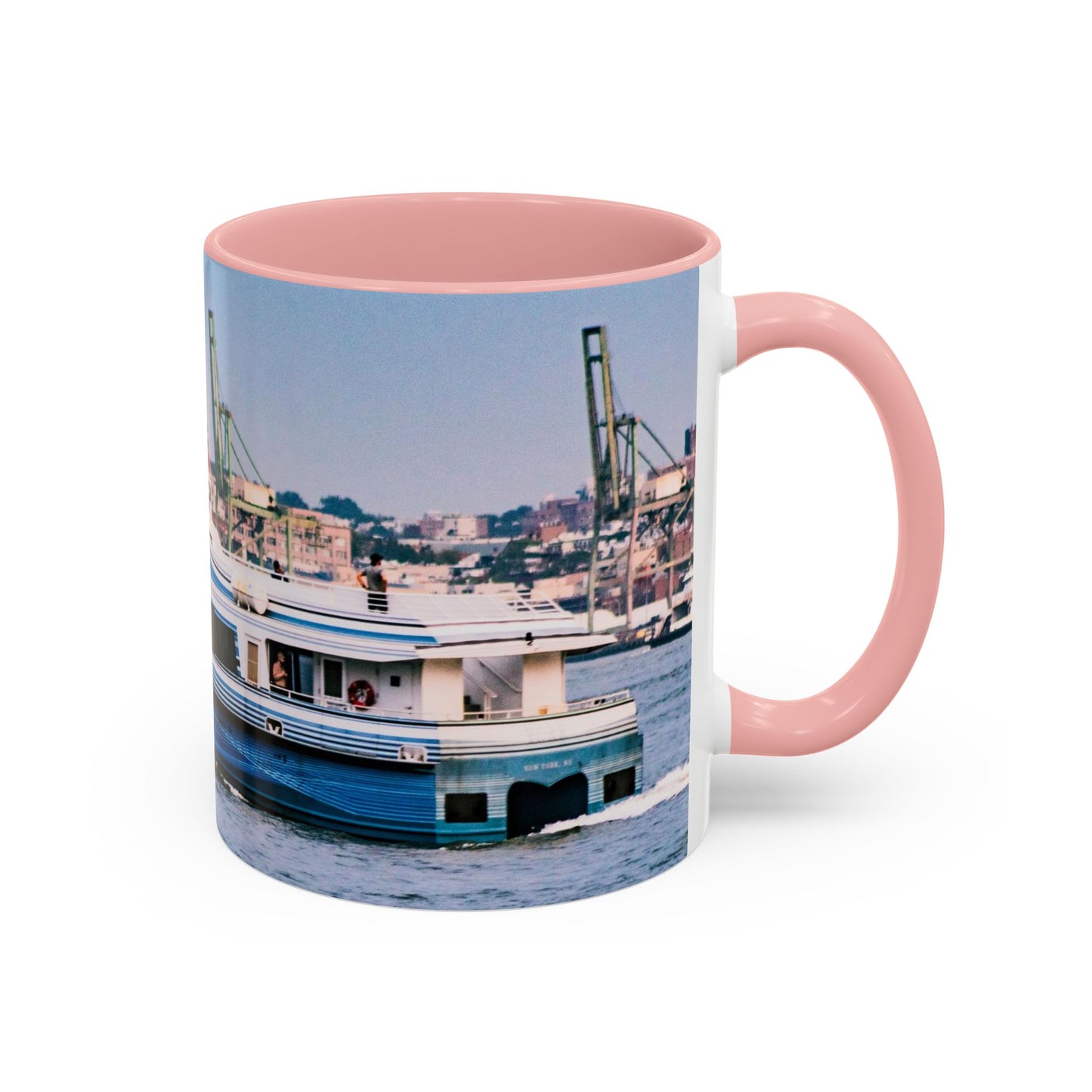 Two Tone 11oz Ceramic, Coffe Mug, Printed with a High-Res Elegant Image of a Boat at the Hudson River, New York.