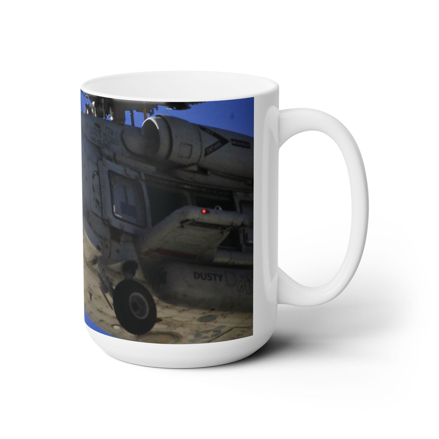 Elegant 15oz Ceramic Coffee Mug printed with a beautiful image of a UH-60 Black Hawk helicopter.