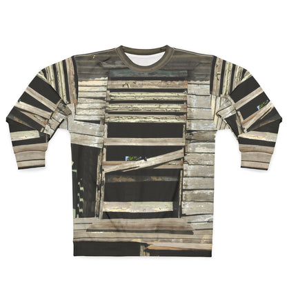 Distressed Shiplap Crewneck Sweatshirt – Vintage Weathered Wood Print