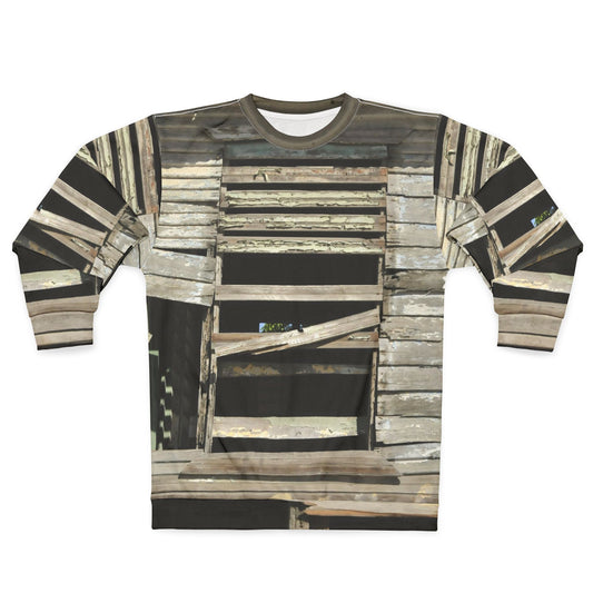Distressed Shiplap Crewneck Sweatshirt – Vintage Weathered Wood Print