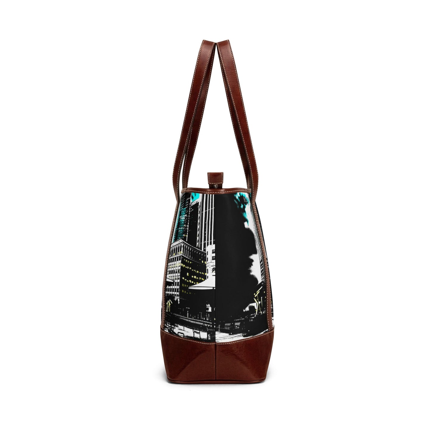 Exchange Place Cityscape Tote Handbag — Modern Urban Skyline Leather-Trim Tote
