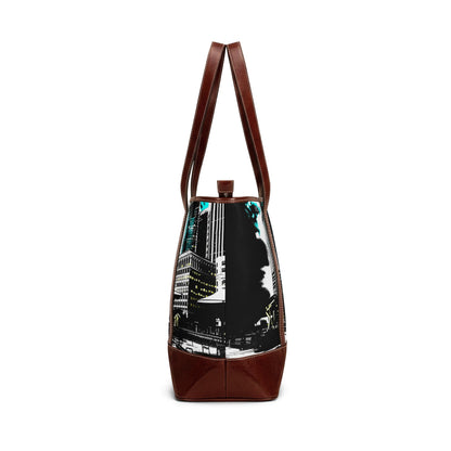Exchange Place Cityscape Tote Handbag — Modern Urban Skyline Leather-Trim Tote